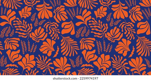 Modern abstract background with leaves and flowers in Matisse style. Vector seamless pattern with Scandinavian cut out elements. Hand drawn contemporary art collage.
