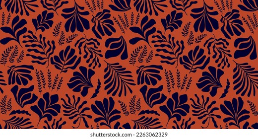 Modern abstract background with leaves and flowers in Matisse style. Vector seamless pattern with Scandinavian cut out elements. Hand drawn contemporary art collage.