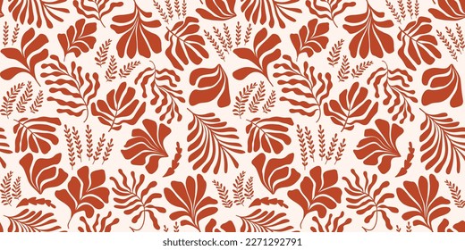 Modern abstract background with leaves and flowers in Matisse style. Vector seamless pattern with Scandinavian cut out elements. Hand drawn contemporary art collage.