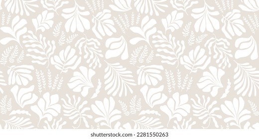 Modern abstract background with leaves and flowers in Matisse style. Vector seamless pattern with Scandinavian cut out elements. Hand drawn contemporary art collage.