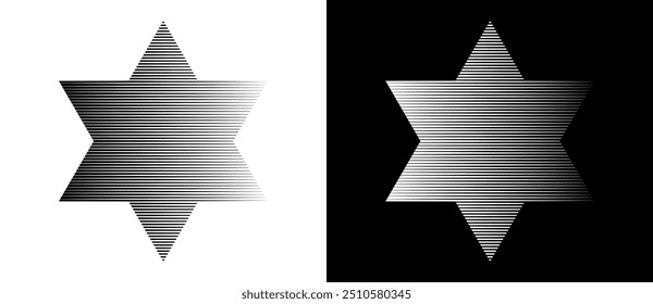 Modern abstract background with lines in David star shape. Trendy striped logo, design element or icon. A black figure on a white background and an equally white figure on the black side.