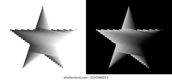 Modern abstract background with lines in star shape. Trendy striped logo, design element or icon. A black figure on a white background and an equally white figure on the black side.