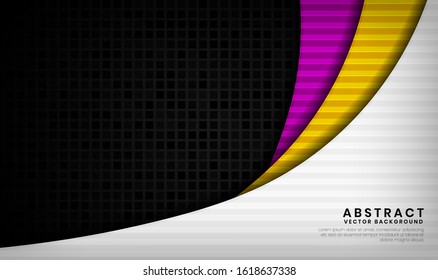 Modern abstract background. Luxury colorful curve shapes. Overlap layer on dark space with white, yellow, and purple color for poster, cover and flyer elements. Texture with wood lines decoration