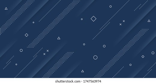 Moderner abstrakter Hintergrund mit Memphis- und Paperschnitt-Elementen und retro-thematisch blauen Pastellfarben für Plakate, Banner und Website-Landing-Seiten.