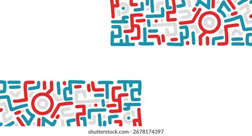 A modern and abstract background with parallel borders of complex dotted line patterns in red, blue, and white, creating a frame-like effect