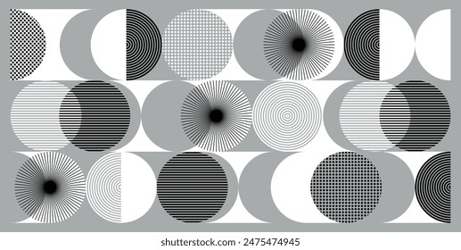 Modern abstract background pattern design geometric shapes halftone line radial textures. Minimalistic geometric pattern in Scandinavian style. Trendy vector graphic elements for your unique design.