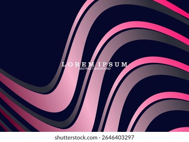 O fundo abstrato moderno com linhas onduladas rosa e cinza contrasta com o fundo azul escuro, criando um efeito visual dinâmico e elegante.
