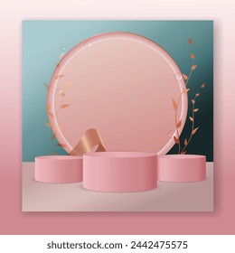 Modern and abstract background platform with pink podium.Cosmetics Product presentation, mock up, stage showcase or platform.
