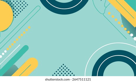Fundo abstrato moderno com formas geométricas divertidas, pontos, linhas e arcos em azul, amarelo e azul. Perfeito para web design, apresentações e projetos criativos.
