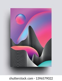 Modern abstract background poster template with lined silhouettes of mountains and liquid gradient shapes. Vector illustration.