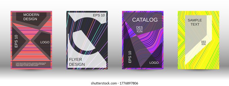 Modern abstract background. Set of fashionable covers. Geometric template with green, orange, purple, yellow, blue, pink lines for cover booklet. EPS10 vector design.