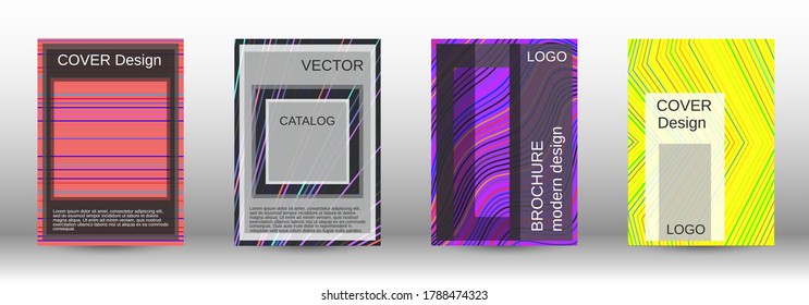 Modern abstract background. Set of fashionable covers. Geometric template with green, orange, purple, yellow, blue, pink lines for cover booklet. EPS10 vector design.