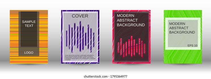 Modern abstract background. Set of fashionable covers. Geometric template with green, orange, purple, yellow, blue, pink lines for cover booklet. EPS10 vector design.