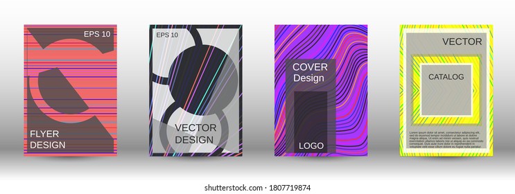Modern abstract background. Set of fashionable covers. Geometric template with green, orange, purple, yellow, blue, pink lines for cover booklet. EPS10 vector design.