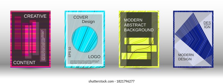 Modern abstract background. Set of fashionable covers. Geometric template with green, orange, purple, yellow, blue, pink lines for cover booklet. EPS10 vector design.