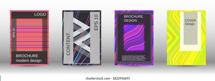 Modern abstract background. Set of fashionable covers. Geometric template with green, orange, purple, yellow, blue, pink lines for cover booklet. EPS10 vector design.