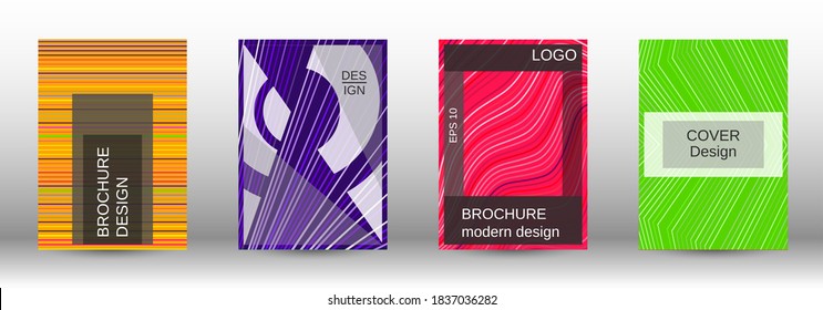Modern abstract background. Set of fashionable covers. Geometric template with green, orange, purple, yellow, blue, pink lines for cover booklet. EPS10 vector design.