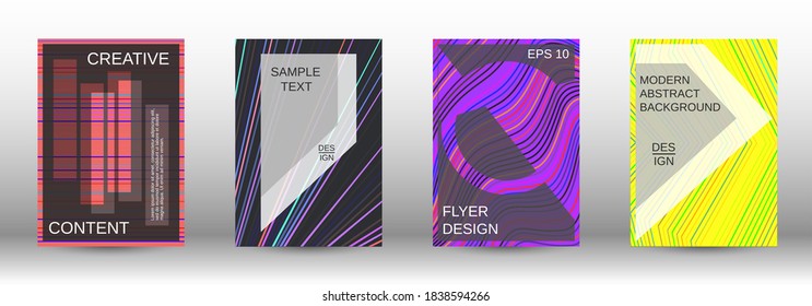 Modern abstract background. Set of fashionable covers. Geometric template with green, orange, purple, yellow, blue, pink lines for cover booklet. EPS10 vector design.