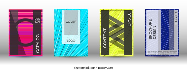 Modern abstract background. Set of fashionable covers. Geometric template with green, orange, purple, yellow, blue, pink lines for cover booklet. EPS10 vector design.