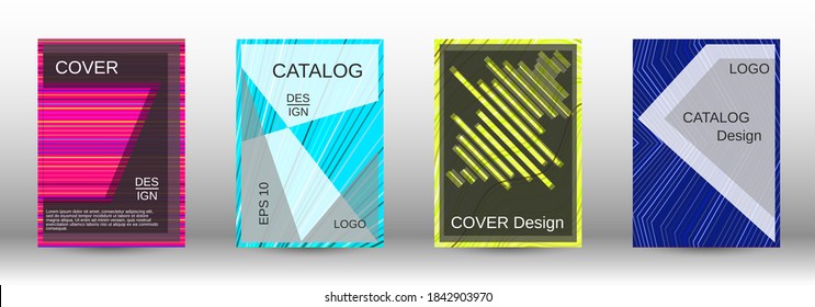 Modern abstract background. Set of fashionable covers. Geometric template with green, orange, purple, yellow, blue, pink lines for cover booklet. EPS10 vector design.