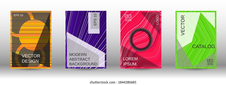 Modern abstract background. Set of fashionable covers. Geometric template with green, orange, purple, yellow, blue, pink lines for cover booklet. EPS10 vector design.