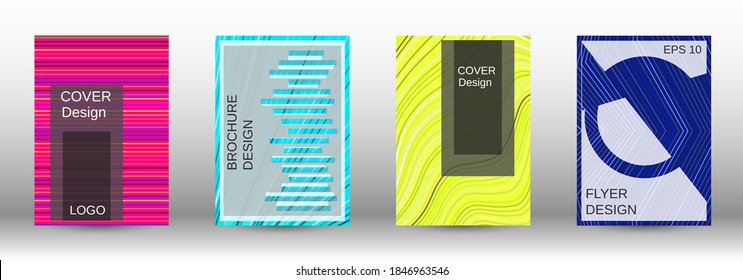 Modern abstract background. Set of fashionable covers. Geometric template with green, orange, purple, yellow, blue, pink lines for cover booklet. EPS10 vector design.