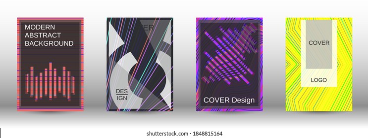 Modern abstract background. Set of fashionable covers. Geometric template with green, orange, purple, yellow, blue, pink lines for cover booklet. EPS10 vector design.