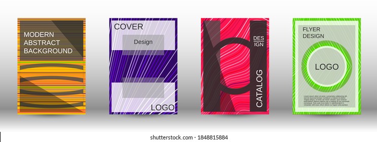 Modern abstract background. Set of fashionable covers. Geometric template with green, orange, purple, yellow, blue, pink lines for cover booklet. EPS10 vector design.