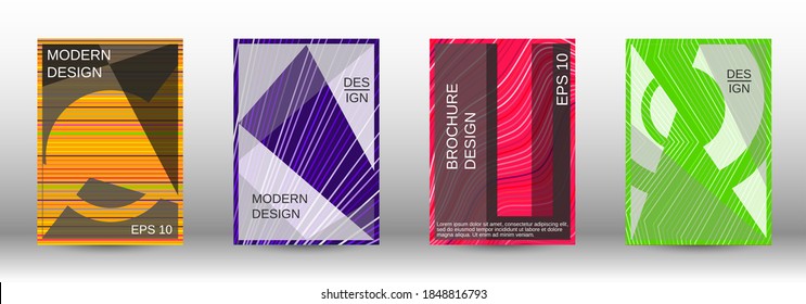 Modern abstract background. Set of fashionable covers. Geometric template with green, orange, purple, yellow, blue, pink lines for cover booklet. EPS10 vector design.