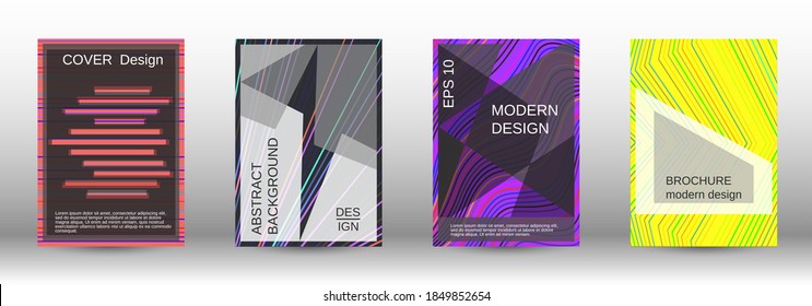 Modern abstract background. Set of fashionable covers. Geometric template with green, orange, purple, yellow, blue, pink lines for cover booklet. EPS10 vector design.