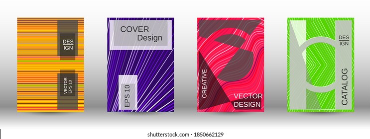 Modern abstract background. Set of fashionable covers. Geometric template with green, orange, purple, yellow, blue, pink lines for cover booklet. EPS10 vector design.
