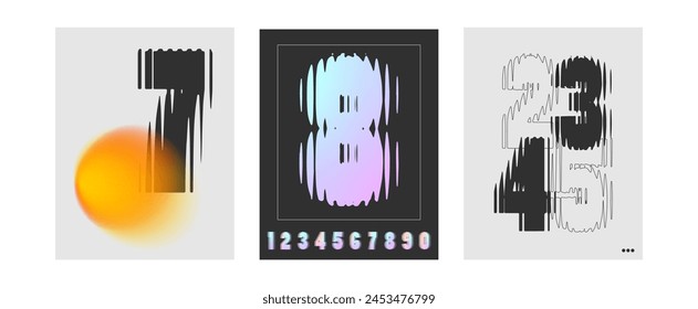 Modern abstract background with shapes distortion effect. Holographic numbers from 1 to 10 ribbed glass effect, refraction on background. Vector poster, flyer, template, cover, web