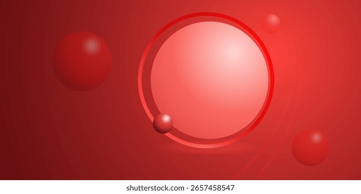 Um plano de fundo abstrato moderno apresenta uma tonalidade vermelha vibrante, com várias esferas brilhantes e um proeminente orbe gradiente circundado, todos interagindo com a luz para criar um elegante
