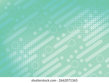 Fondo abstracto moderno con degradado verde y azul suave, con Formas geométricas como círculos, líneas y patrones de semitonos.
