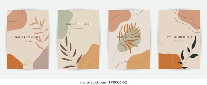 Modern abstract background. Social media stories and post creative Vector set. cover, invitation, banner, placard, brochure, poster, card, flyer and other. Tropical leaves warm color of the earth tone