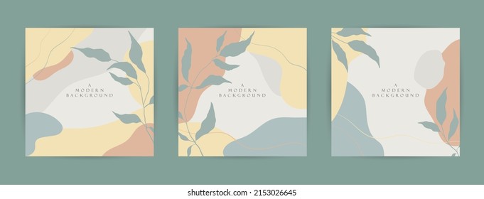 Modern abstract background. Social media stories and post creative Vector set. cover, invitation, banner, placard, brochure, poster, card, flyer and other. Tropical leaves warm color of the earth tone