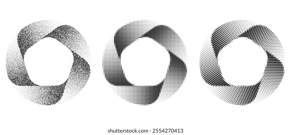 Modern abstract background with stipple circles. 5 parts circle. Vector dotted design element, icon or logo. Black dots like gradient on a white background.