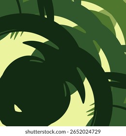 A modern, abstract background with swirling organic forms in a green, jungle like color palette.