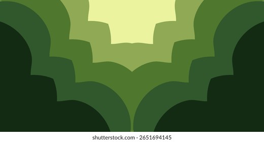 Um plano de fundo moderno e abstrato com formas simétricas, em camadas e curvas em uma paleta de cores verde monocromática.
