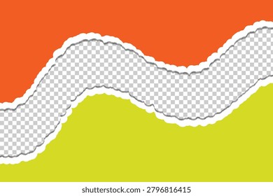 Modern abstract background template featuring bright orange and lime green torn paper sections divided by a wavy ripped edge layer exposing a transparent grid channel. Perfect for custom photo placement, product mockups and creative marketing layouts.
