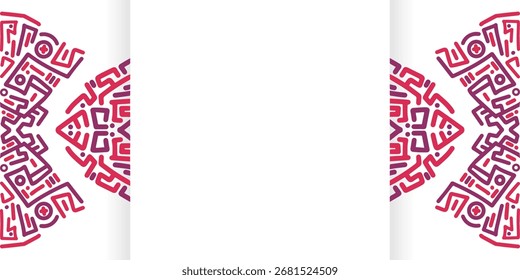 A modern abstract background with two large, symmetrical half-mandala patterns in a red and purple gradient on the left and right, with a stylized shadow effect