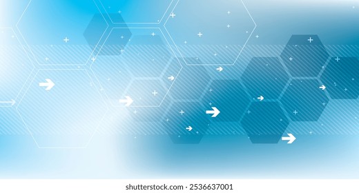 Modern abstract background in vector design with hexagonal patterns and arrows on a blue gradient. Ideal for technology, innovation, and digital concepts with a futuristic feel.