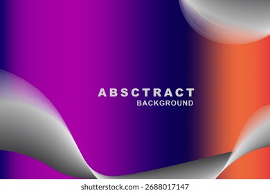 Fondo abstracto moderno con un degradado vibrante púrpura, azul y naranja. Las ondas metálicas plateadas con textura lineal añaden profundidad y una sensación futurista
