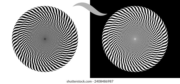 Modern abstract background. Waves in circle form. Round logo. Vector dotted frame. Design element or icon. Black shape on a white background and the same white shape on the black side.