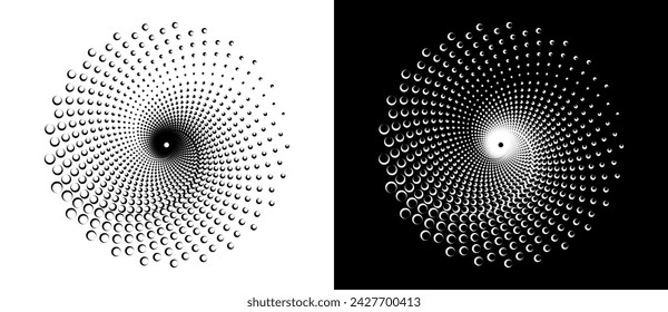 Modern abstract background. Waves in circle form. Round logo. Vector dotted frame. Design element or icon. Black shape on a white background and the same white shape on the black side.
