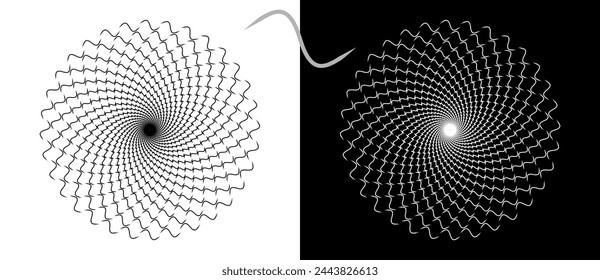 Modern abstract background. Waves in circle form. Round logo. Vector dotted frame. Design element or icon. Black shape on a white background and the same white shape on the black side.