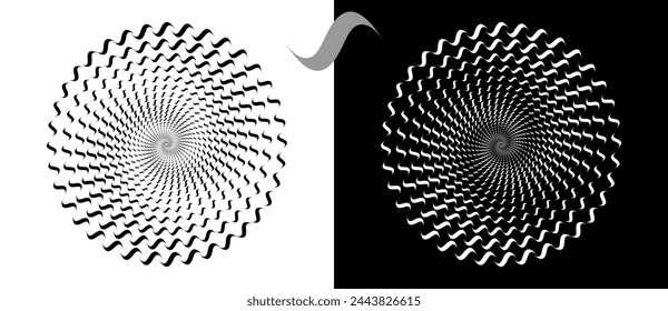 Modern abstract background. Waves in circle form. Round logo. Vector dotted frame. Design element or icon. Black shape on a white background and the same white shape on the black side.
