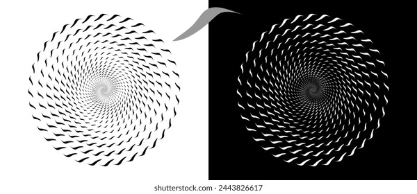 Modern abstract background. Waves in circle form. Round logo. Vector dotted frame. Design element or icon. Black shape on a white background and the same white shape on the black side.