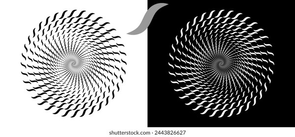 Modern abstract background. Waves in circle form. Round logo. Vector dotted frame. Design element or icon. Black shape on a white background and the same white shape on the black side.