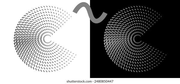 Fondo abstracto moderno. Ondas en forma de círculo. Logotipo redondo. Elemento de diseño o icono. Forma negra sobre fondo blanco y la misma forma blanca en el lado negro.